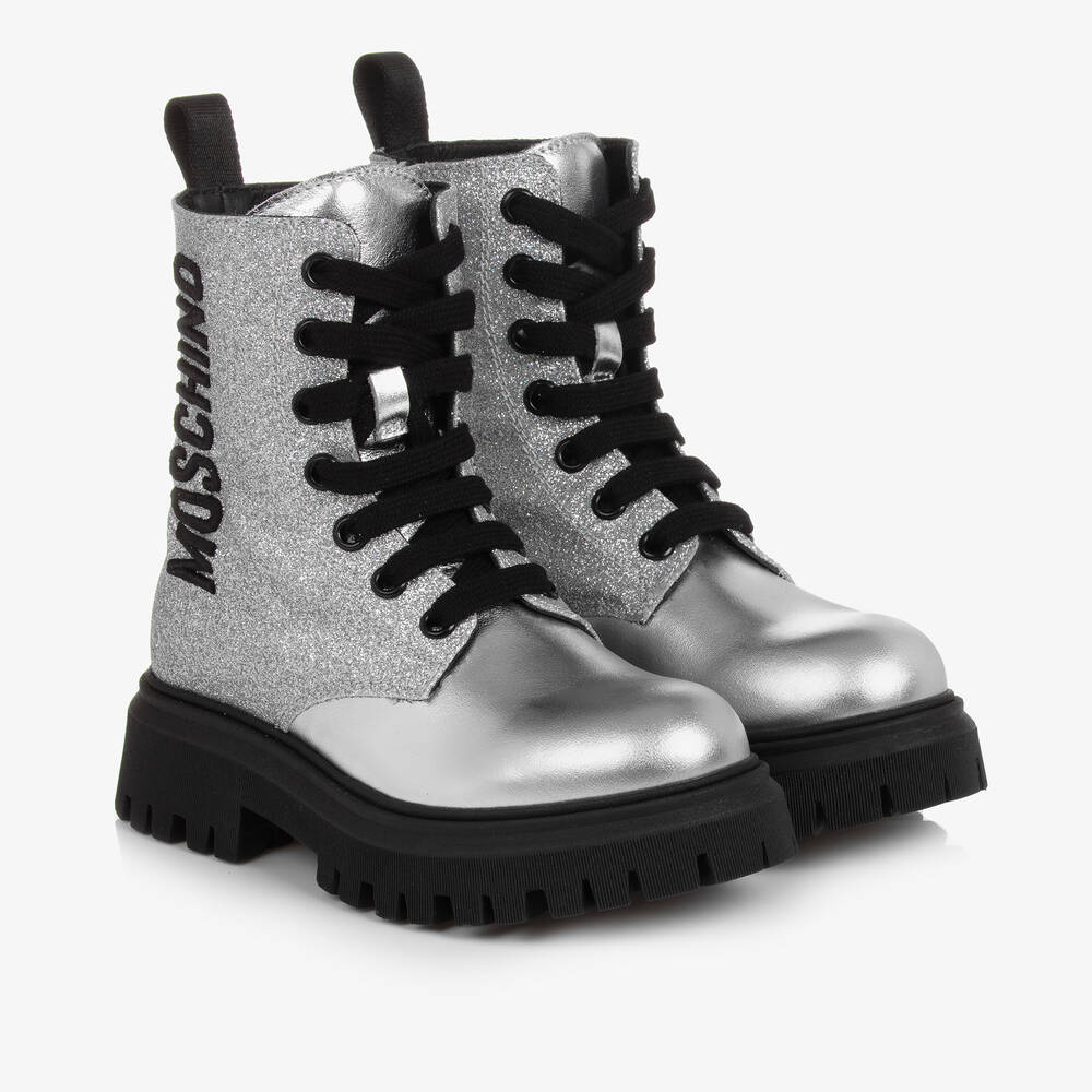 Moschino Kid-Teen - Silberne Lederstiefel mit Glitzer | Childrensalon