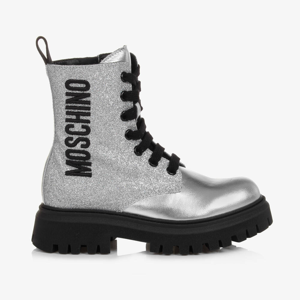 Moschino Кид-Тин-Серебристые кожаные ботинки с блестками | Childrensalon Outlet