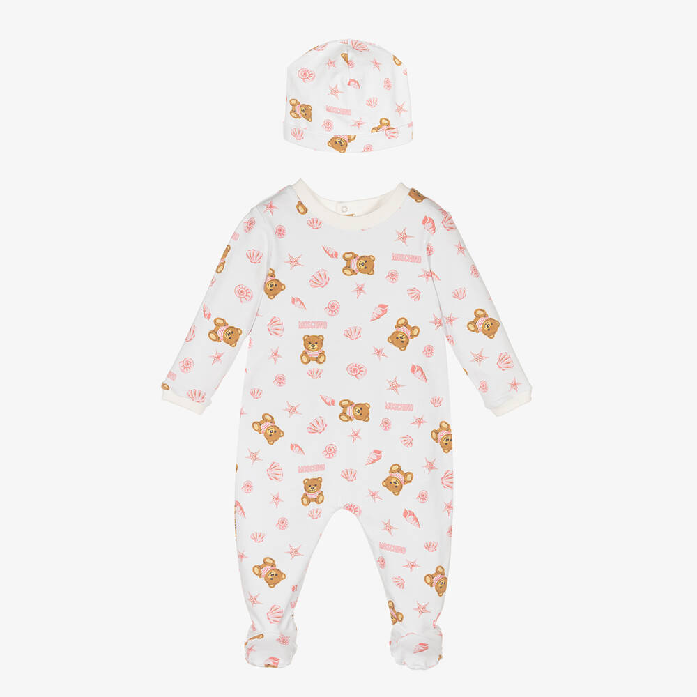 Moschino Baby - Girls White Bear Babygrow & Hat Set | Childrensalon