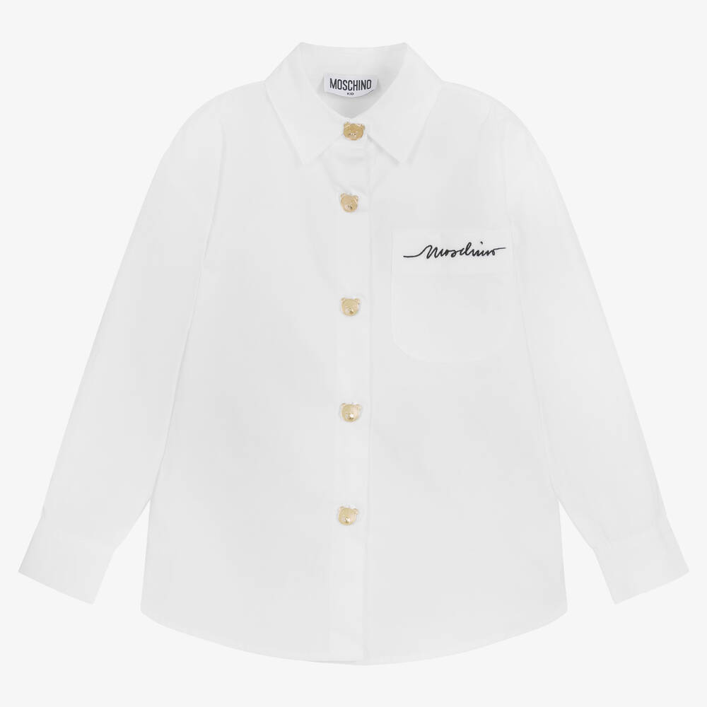 Moschino Kid-Teen - Girls White Cotton Logo Shirt | Childrensalon