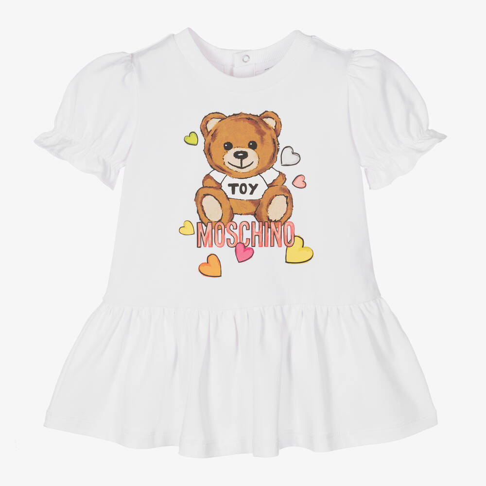 Moschino Baby-Girls White Cotton Teddy Bear Heart Dress | Childrensalon Outlet