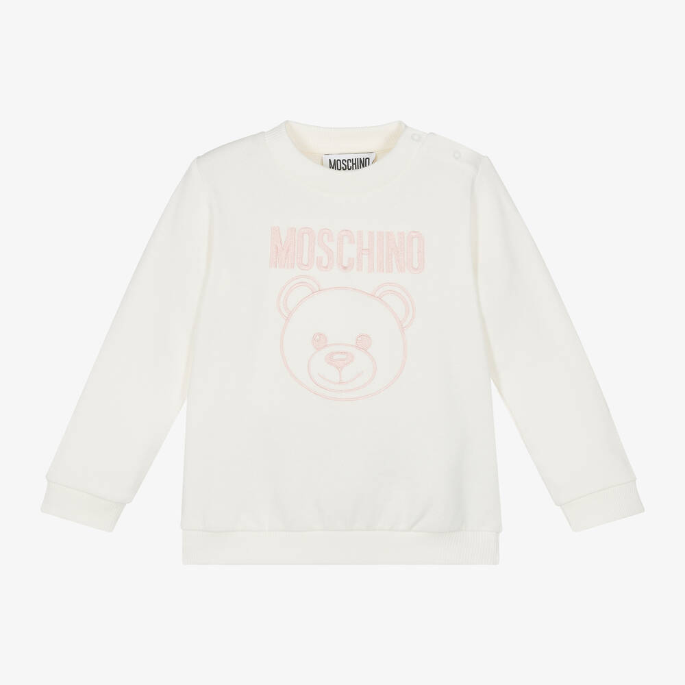 Girls White Cotton Teddy Bear Sweatshirt