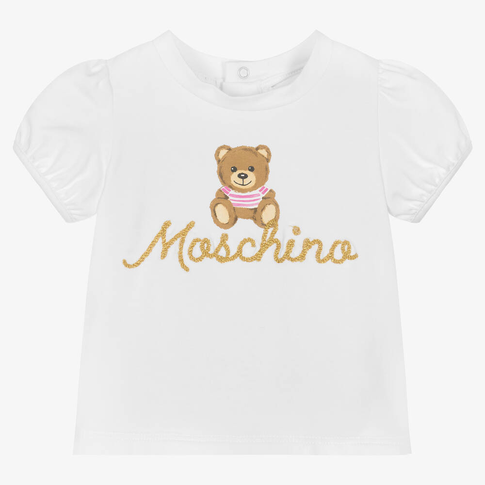 Moschino Baby - Girls White Cotton Teddy Bear T-Shirt | Childrensalon