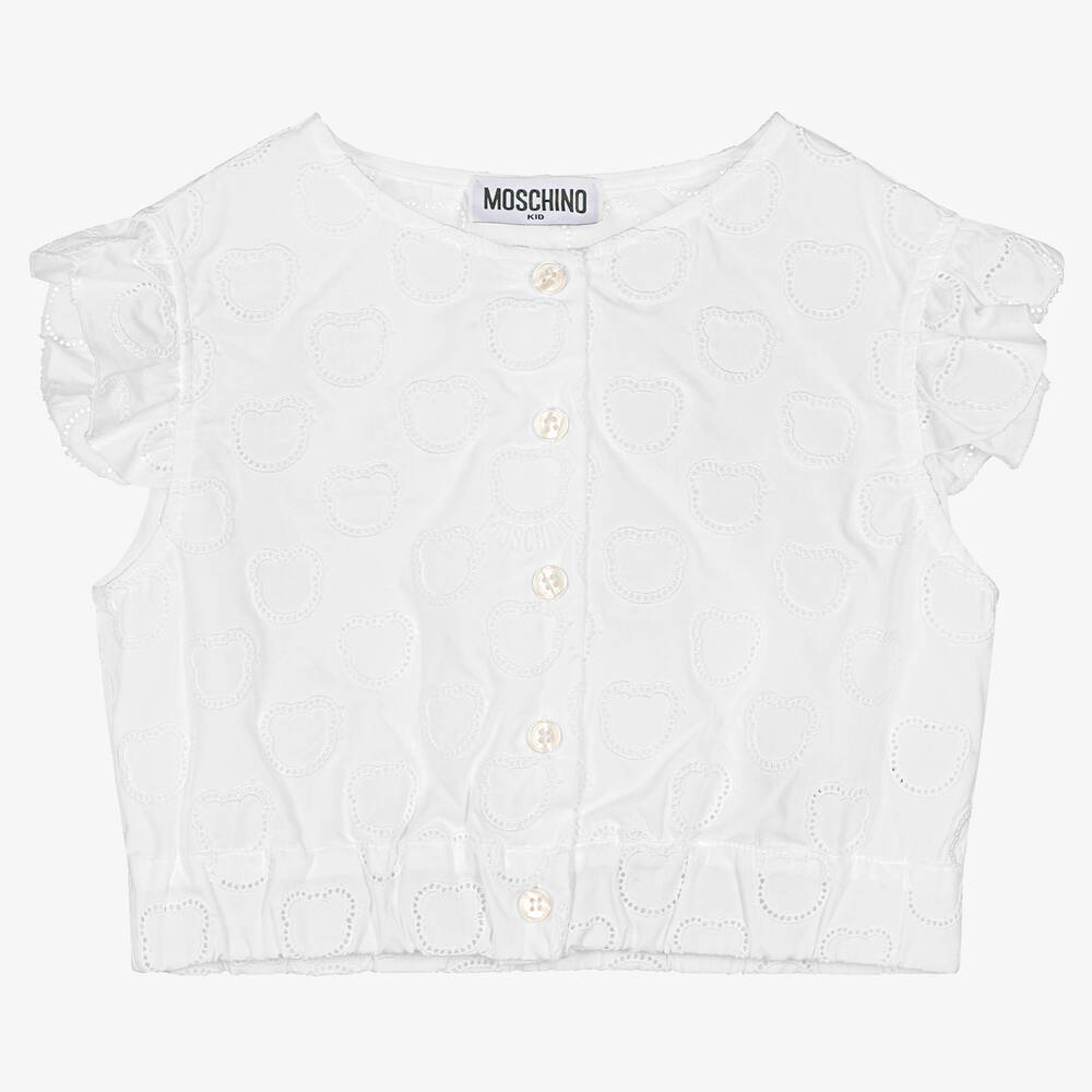 Moschino Kid-Teen - Girls White Cotton Teddy Logo Blouse | Childrensalon