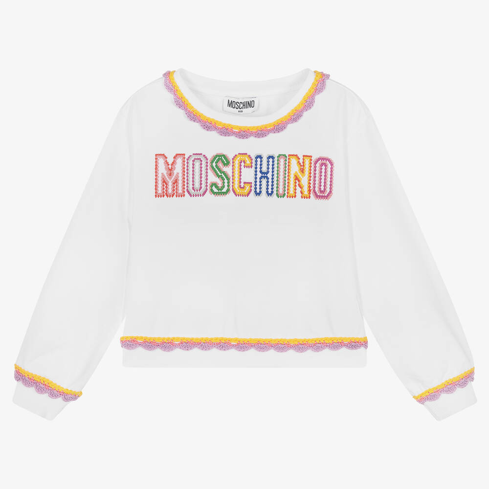 Moschino Kid-Teen - Girls White Cropped Logo Sweatshirt | Childrensalon