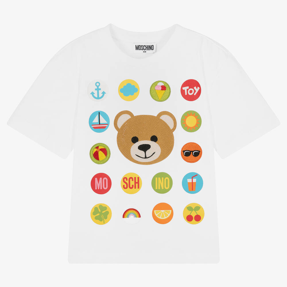 Moschino Kid-Teen - Girls White Crystal Teddy Bear T-Shirt | Childrensalon