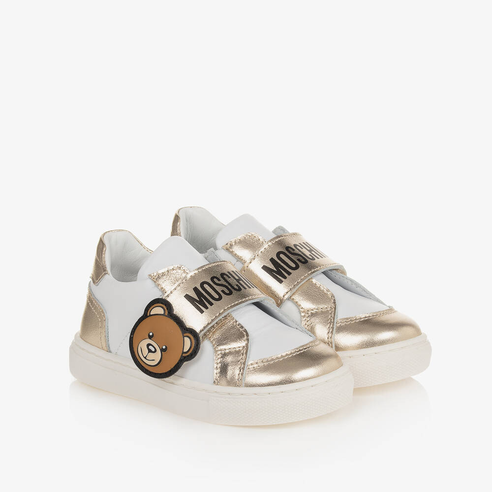 Moschino Kid-Teen-Girls White & Gold Leather Bear Trainers | Childrensalon Outlet