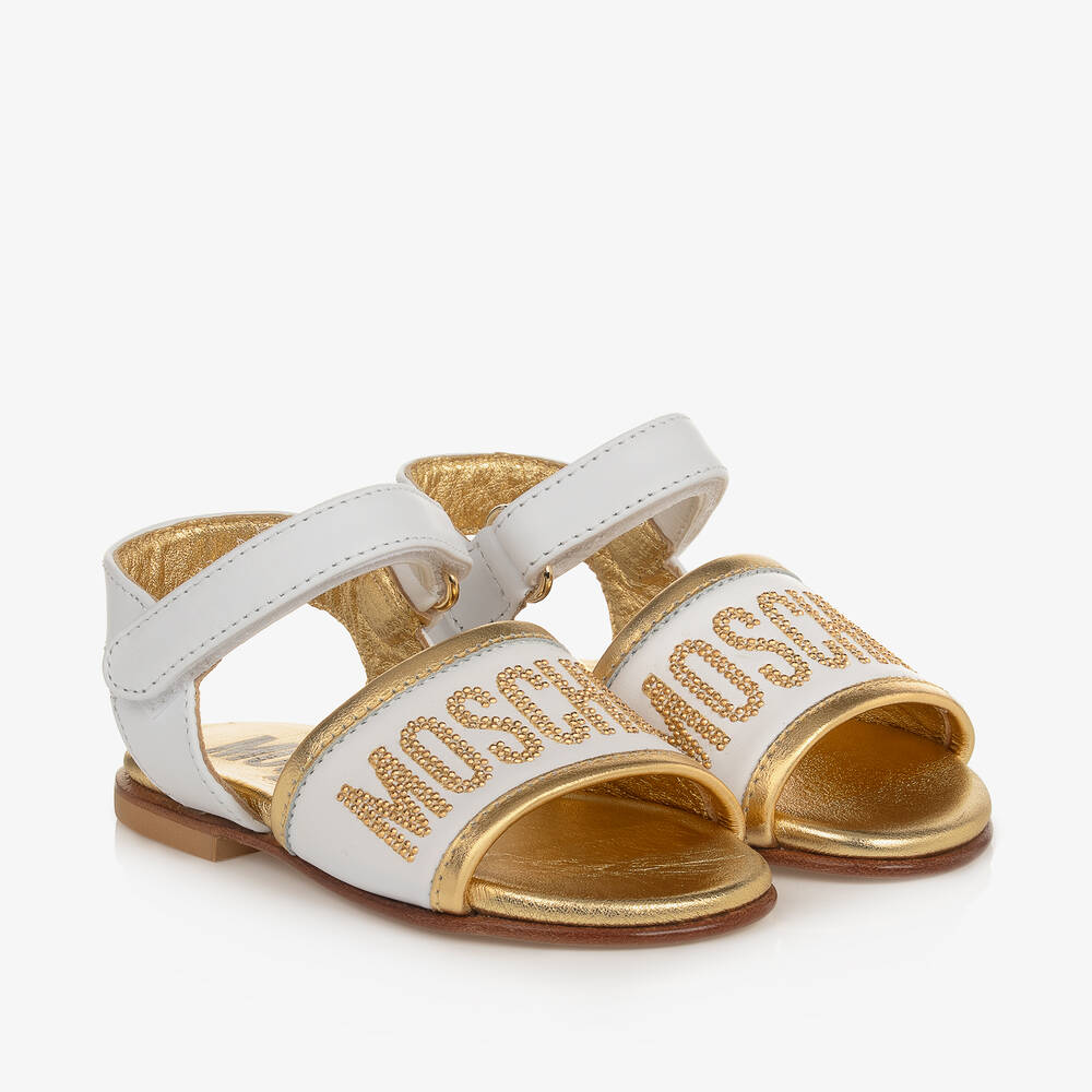 Moschino Кид-Тин-Бело-золотистые сандалии из кожи для девочек | Childrensalon Outlet