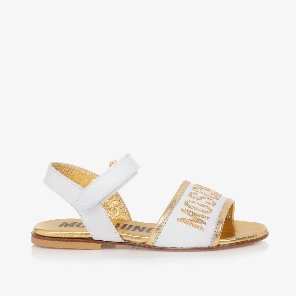 Moschino Kid-Teen-Girls White & Gold Leather Sandals | Childrensalon Outlet