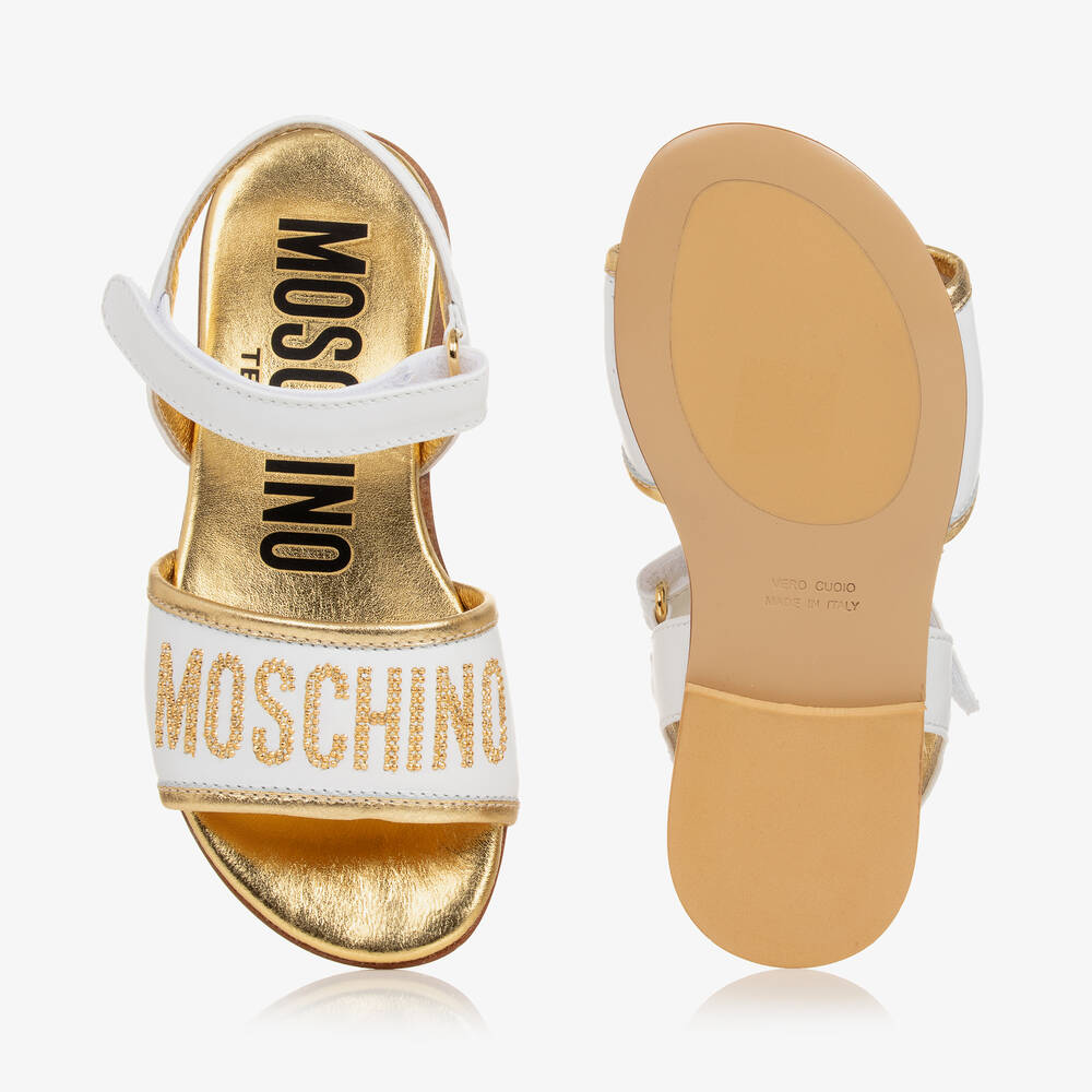 Moschino Kid-Teen-Girls White & Gold Leather Sandals | Childrensalon Outlet