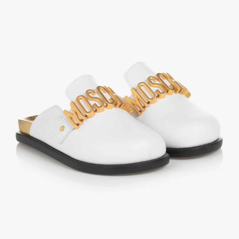 Moschino Kid-Teen - Girls White & Gold Logo Leather Mules | Childrensalon