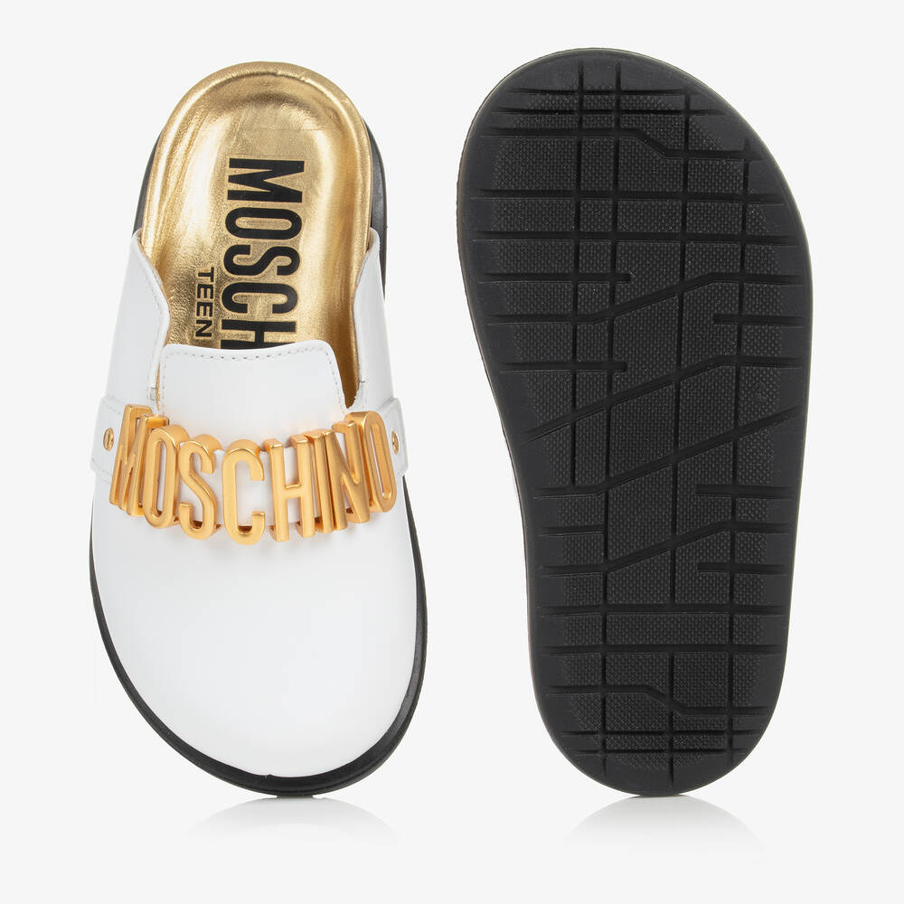 【メーカー包装済】 Girls - Kid-Teen Moschino White Mules Leather Logo Gold & 靴