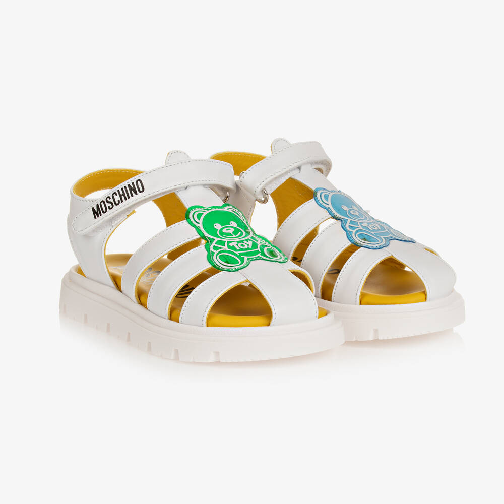 Moschino Kid-Teen - Girls White & Green Leather Sandals | Childrensalon