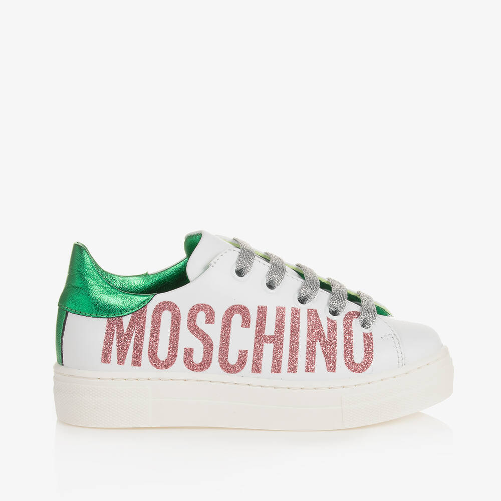 Moschino Кид-Тин-Girls White Leather Glitter Trainers | Childrensalon Outlet