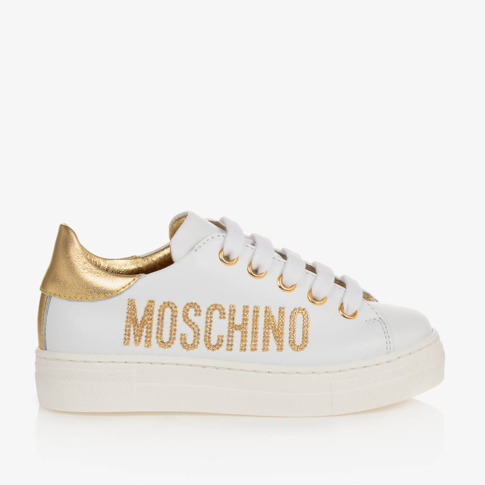 Moschino-Girls White Leather Lace-Up Trainers | Childrensalon Outlet