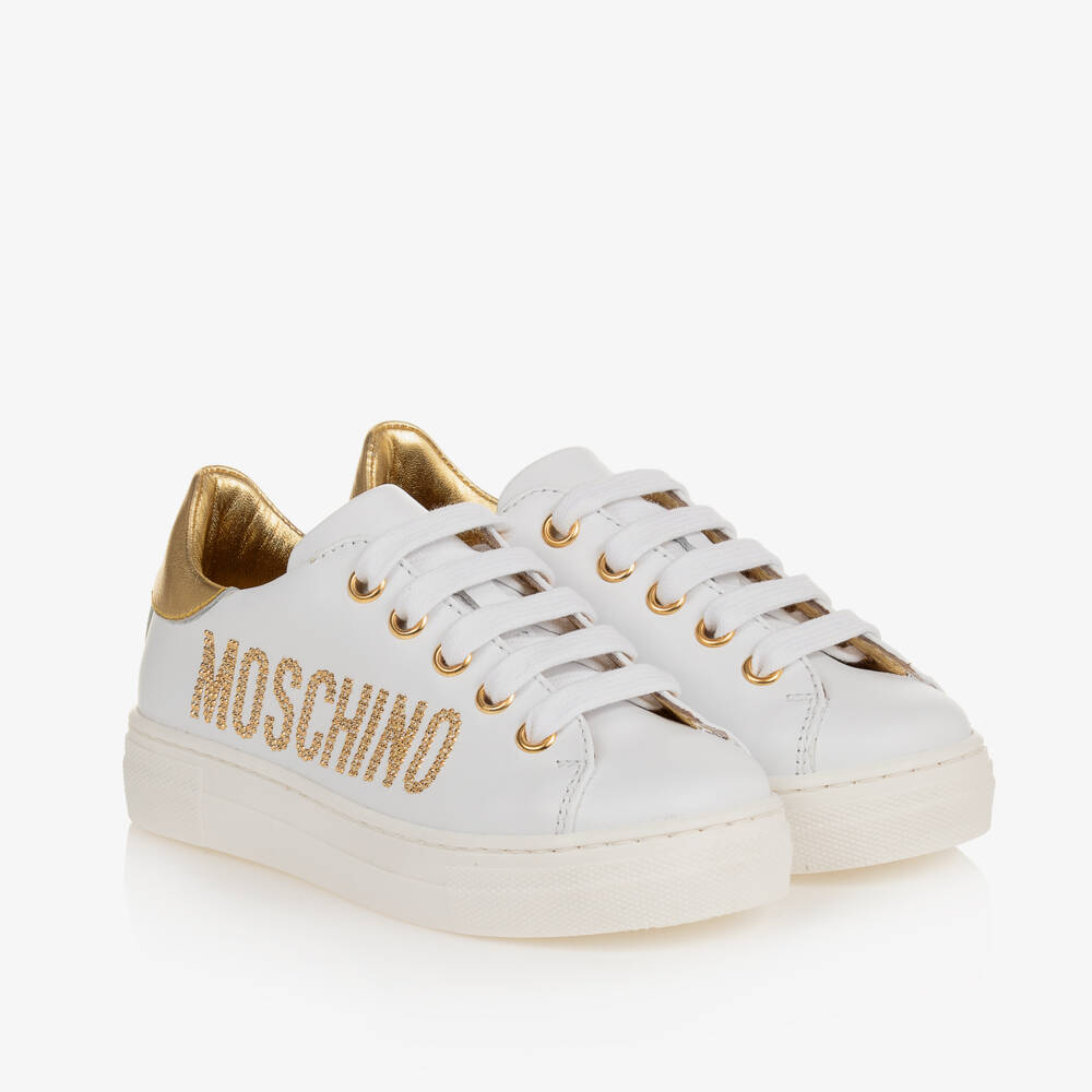 Moschino-Girls White Leather Lace-Up Trainers | Childrensalon Outlet