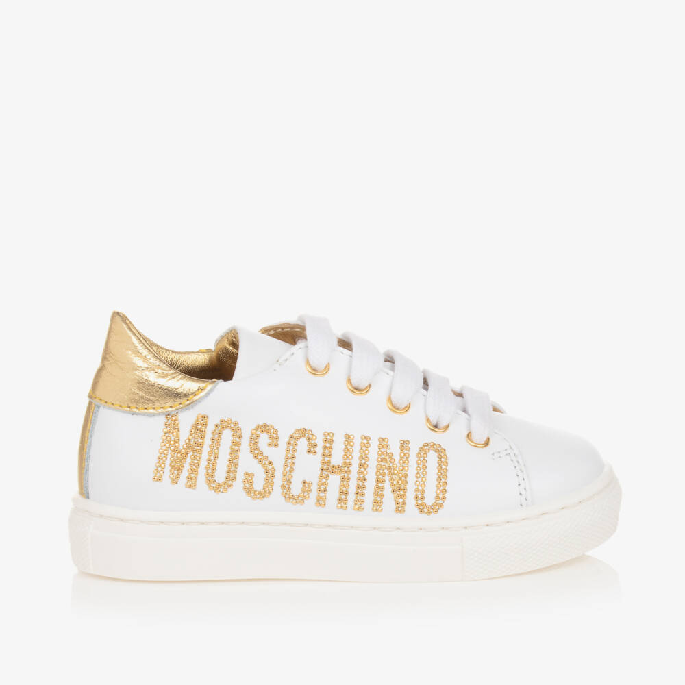 Moschino-Girls White Leather Lace-Up Trainers | Childrensalon Outlet