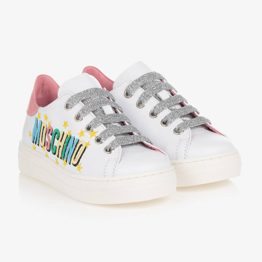 Moschino Kid-Teen - Girls White Leather Logo Trainers | Childrensalon