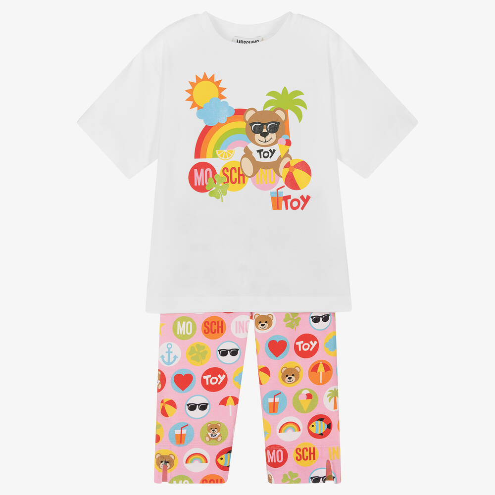 Moschino Kid-Teen - Girls White & Pink Cotton Leggings Set | Childrensalon