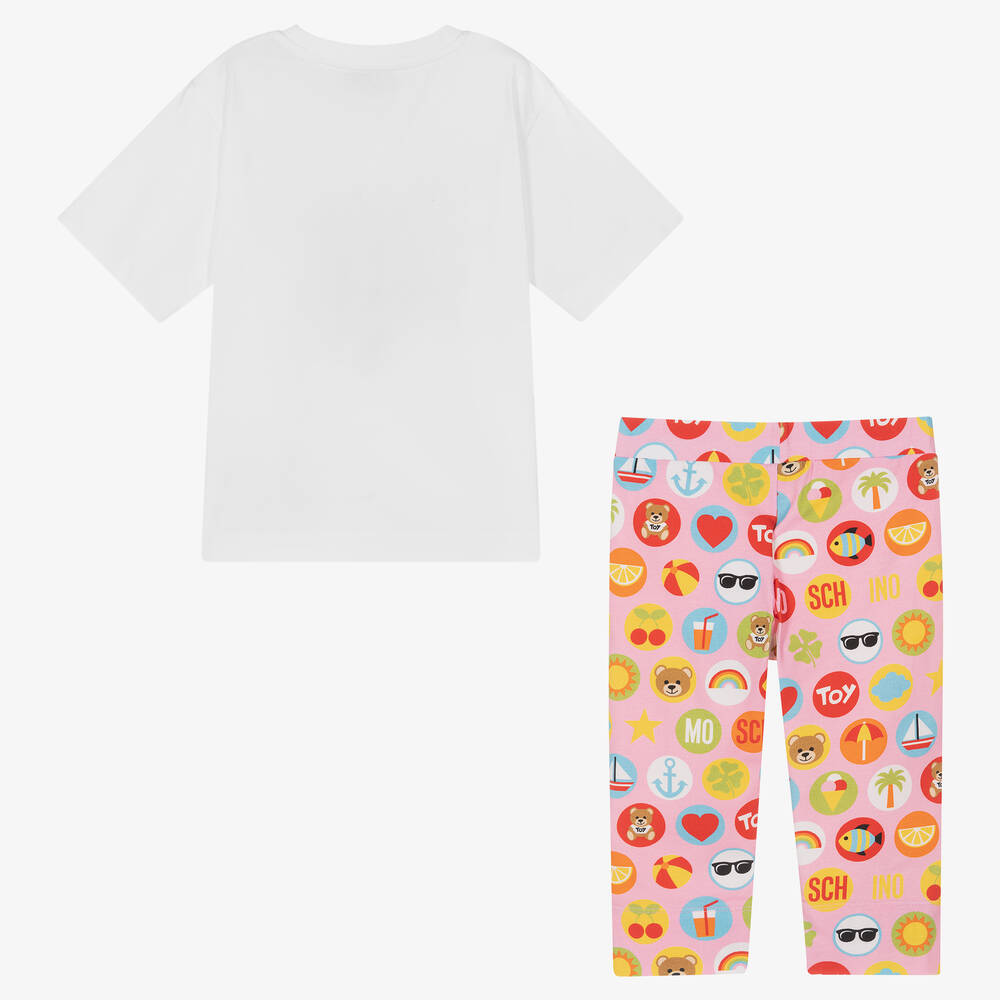 Moschino Kid-Teen-طقم ليغنغز قطن جيرسي لون زهري وأبيض للبنات | Childrensalon Outlet