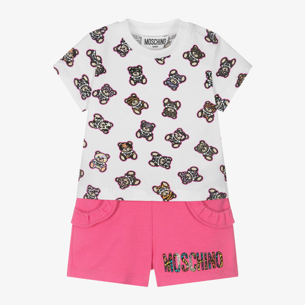 Moschino Baby-طقم شورت أطفال بناتي قطن لون أبيض وزهري | Childrensalon Outlet