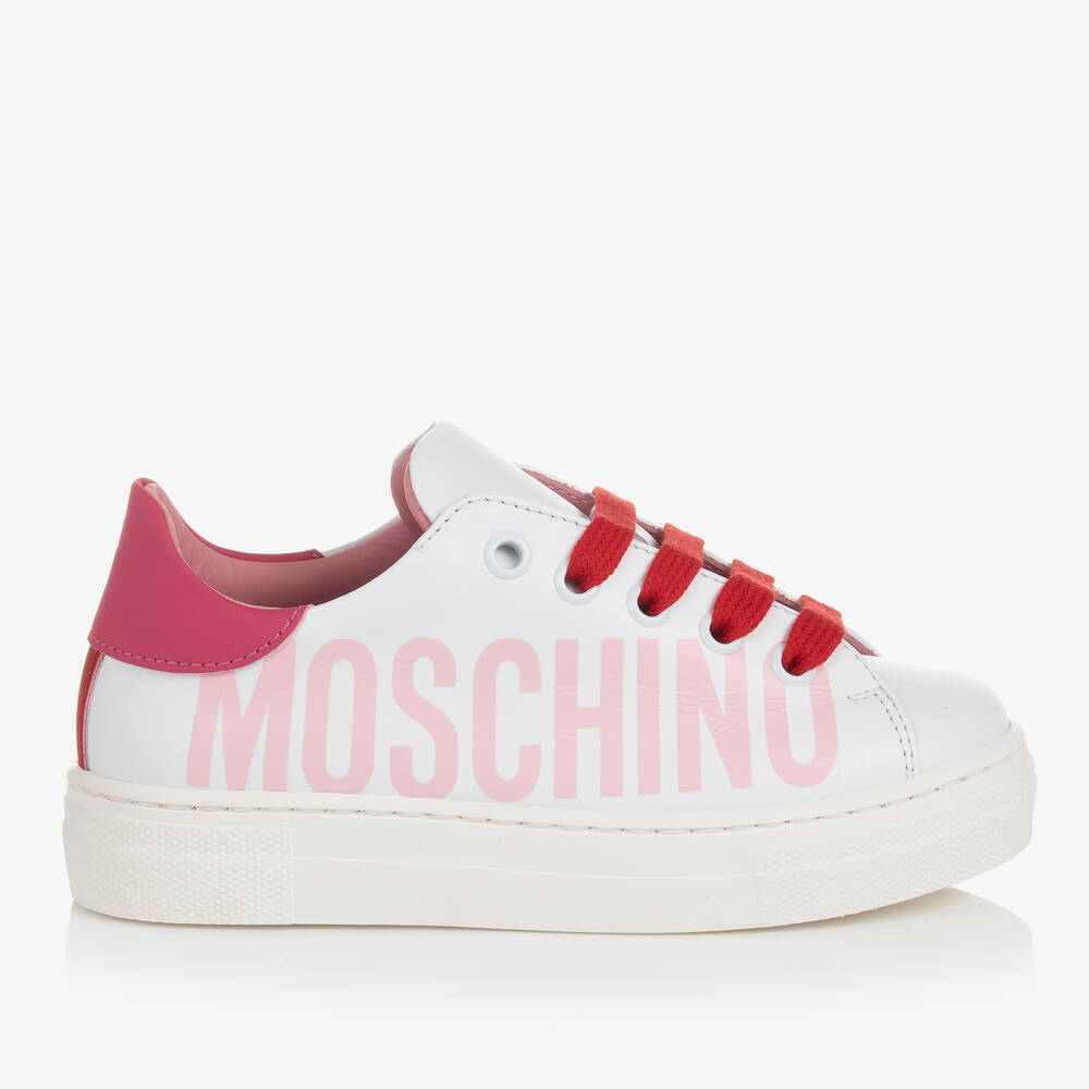 Moschino Kid-Teen-Girls White & Pink Leather Trainers | Childrensalon Outlet