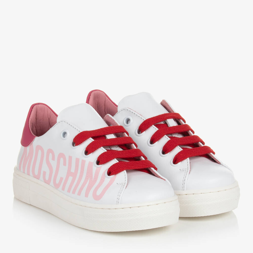 Moschino Kid-Teen - Бело-розовые кожаные кроссовки | Childrensalon