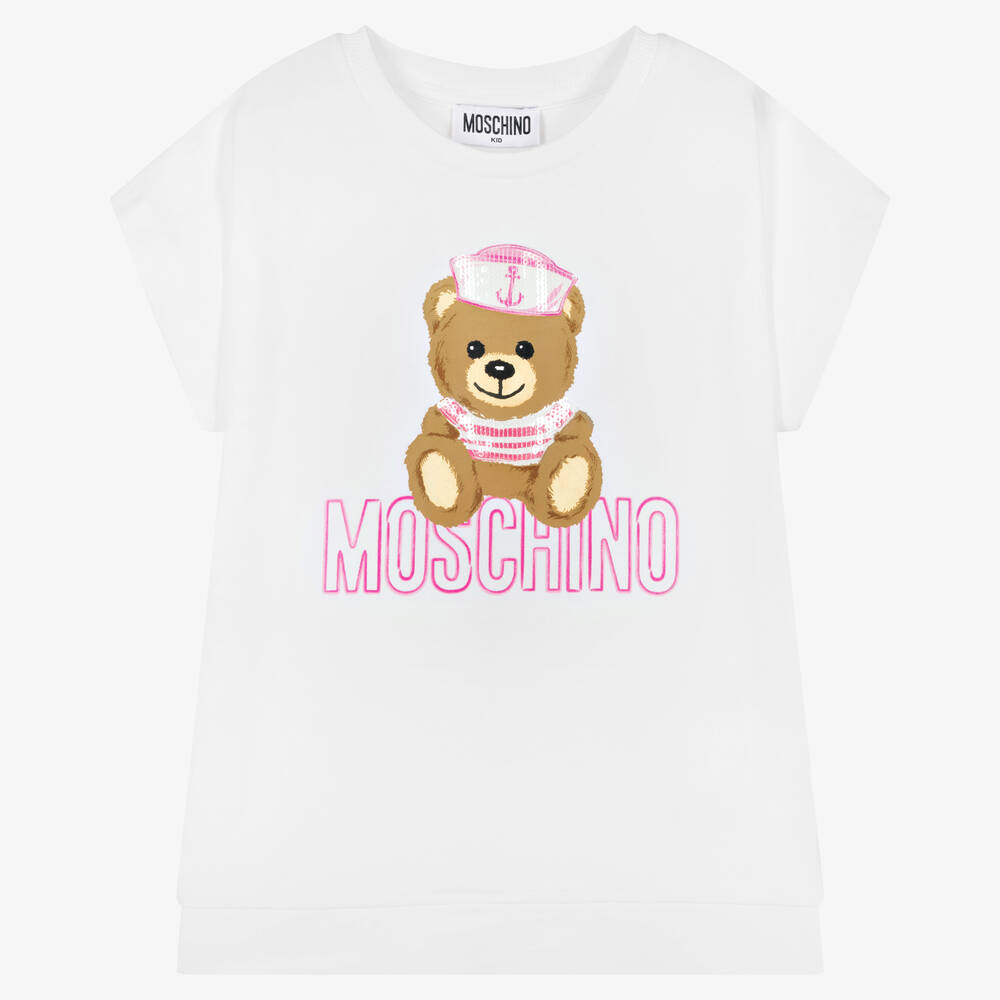 Moschino Kid-Teen - تيشيرت قطن جيرسي لون أبيض مزين بترتر للبنات | Childrensalon