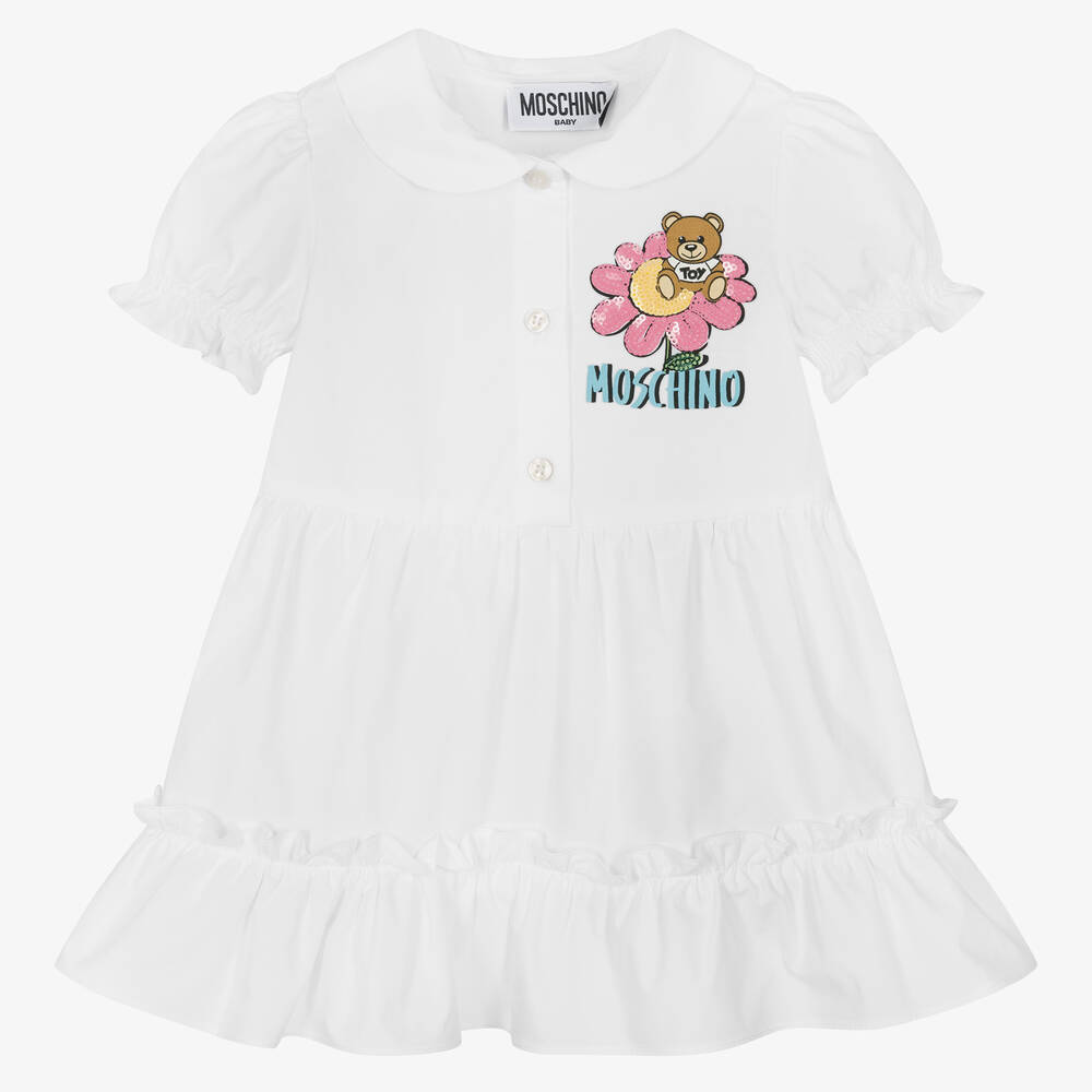 Moschino Baby - فستان قميص أطفال بناتي قطن بوبلين لون أبيض | Childrensalon