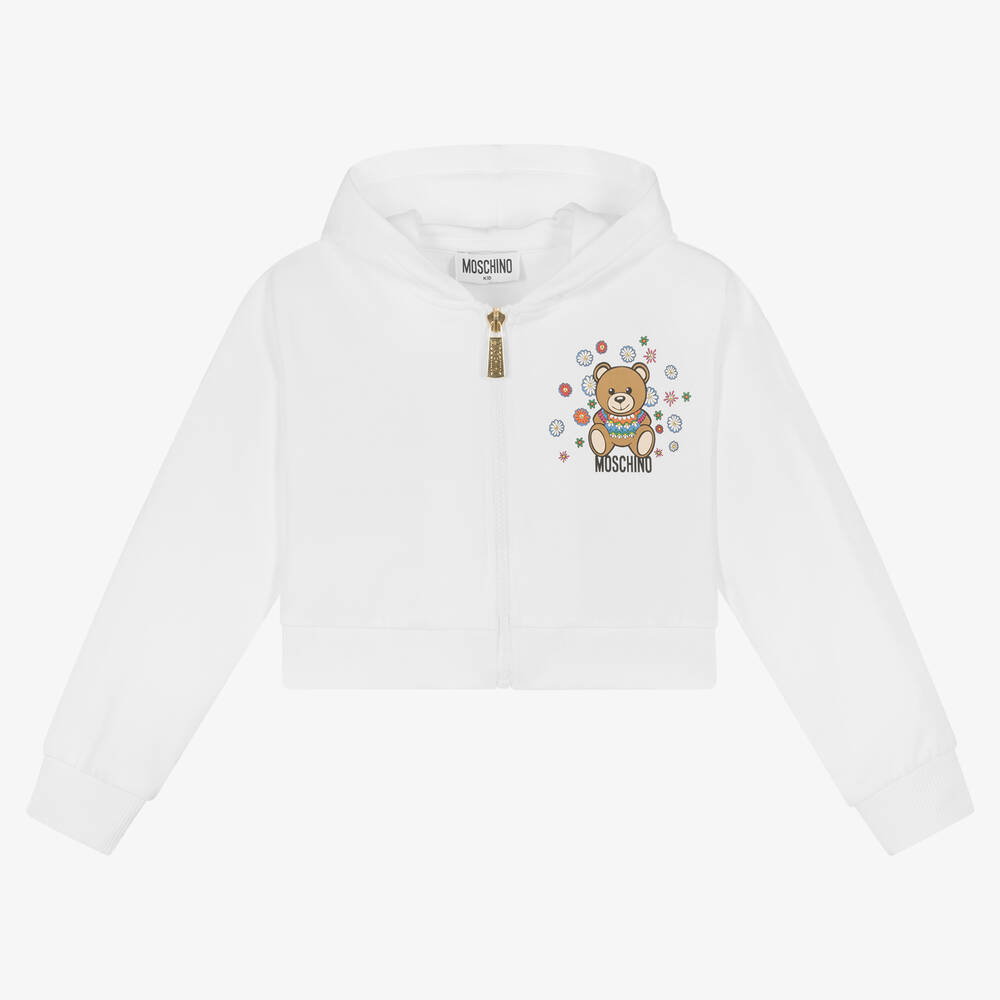 Moschino Kid-Teen - Girls White Rhinestone Logo Zip-Up Top | Childrensalon