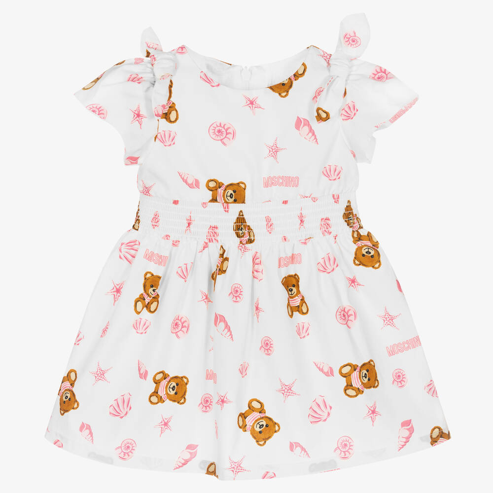 Moschino Baby - Girls White Teddy Bear Cotton Dress | Childrensalon
