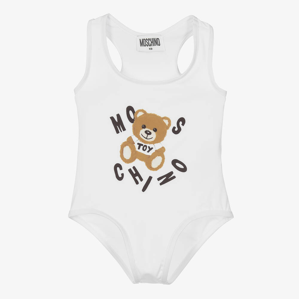 Moschino Kid-Teen - Girls White Teddy Bear Logo Swimsuit | Childrensalon