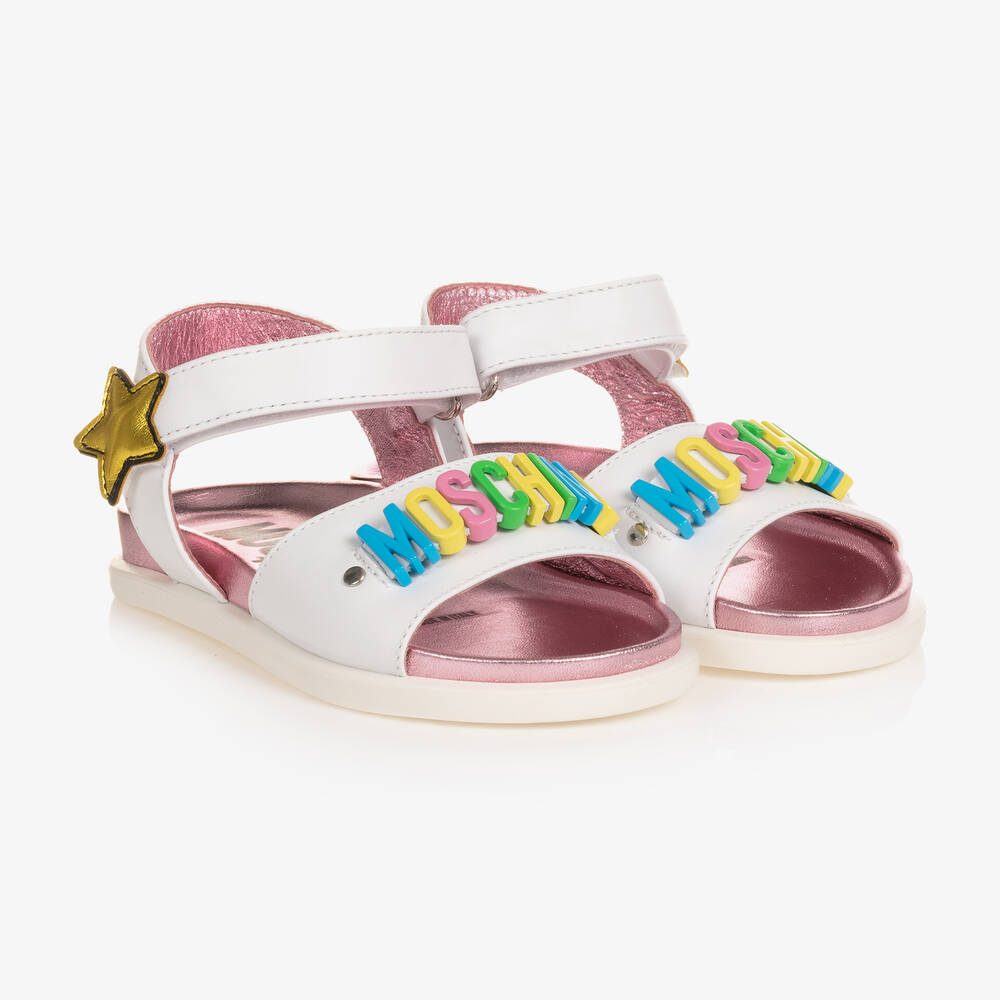 Moschino Kid-Teen - Girls White Velcro Logo Sandals  | Childrensalon
