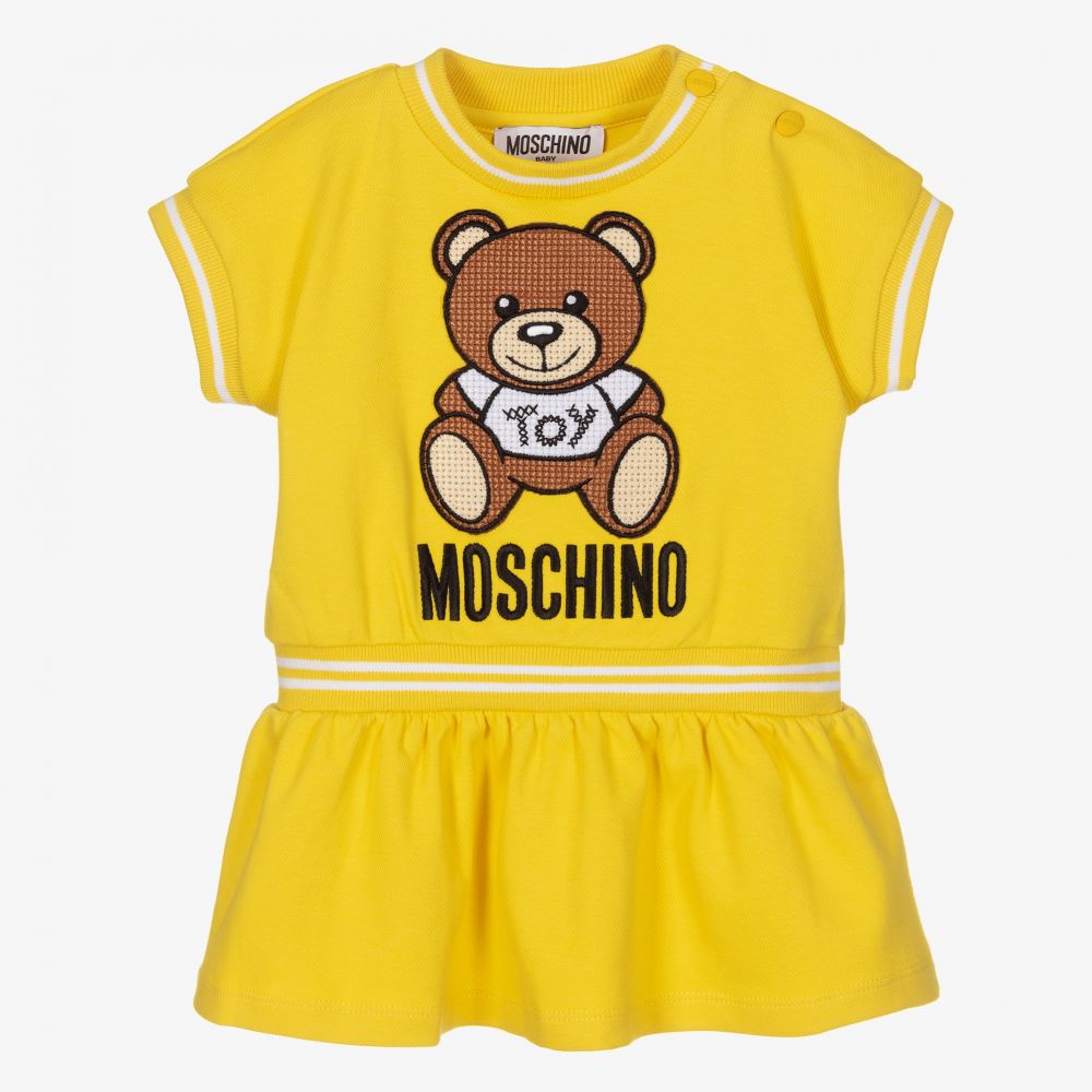 Moschino Baby - فستان أطفال بناتي قطن بيكيه لون أصفر | Childrensalon