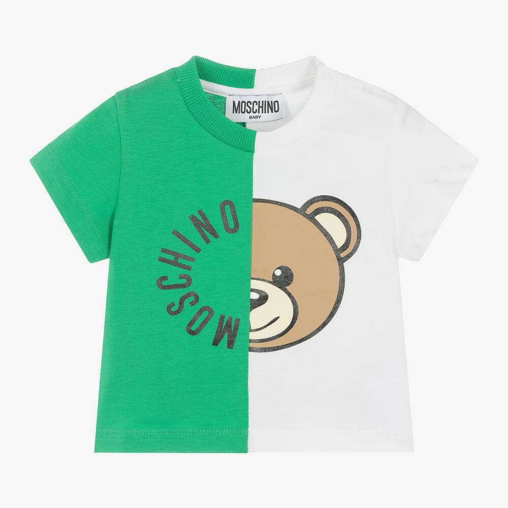 Moschino Baby-Green & White Cotton Teddy Bear Baby T-Shirt | Childrensalon Outlet