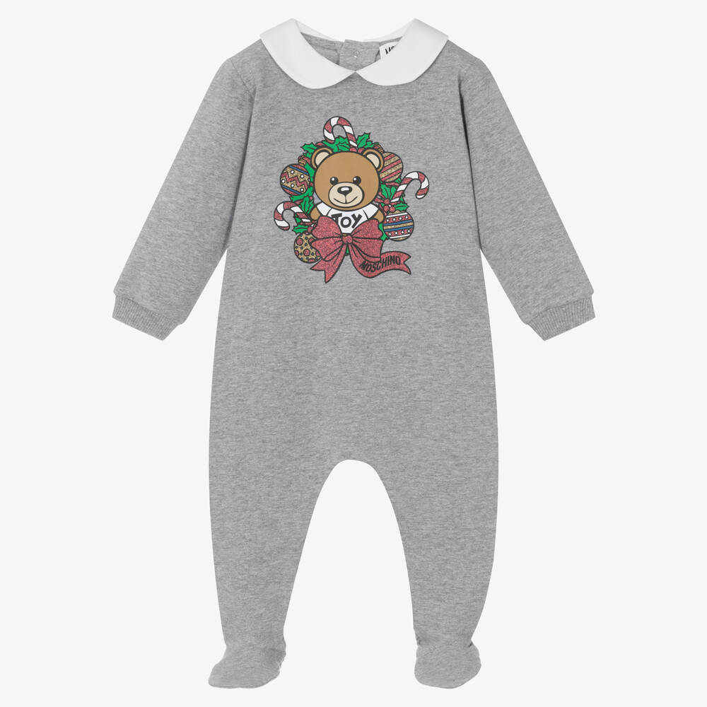 Moschino Baby - Grey Cotton Festive Teddy Bear Babygrow | Childrensalon