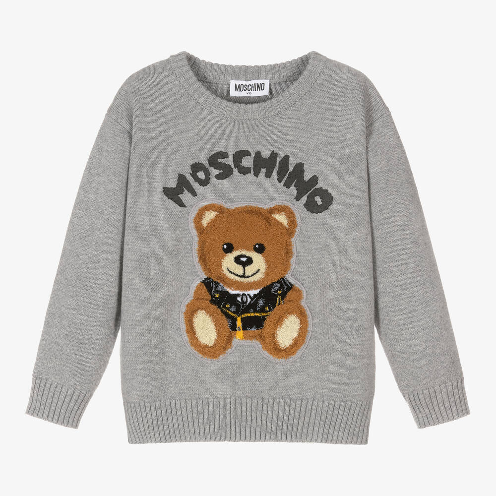 Moschino Kid-Teen - Grey Cotton Knit Teddy Bear Logo Sweater | Childrensalon