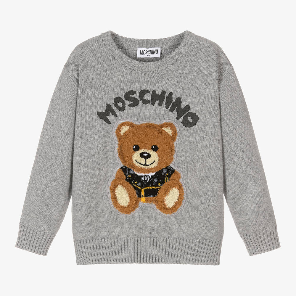 Grey Cotton Knit Teddy Bear Logo Sweater