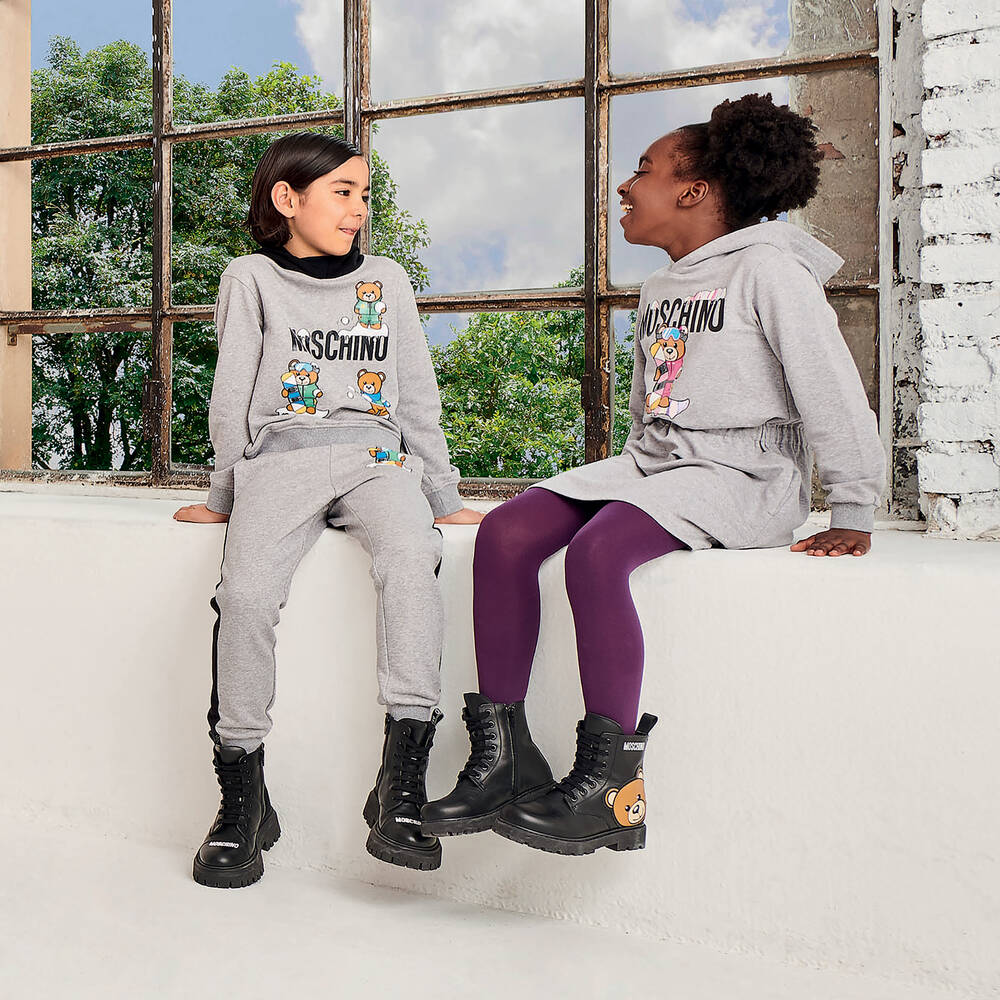 Moschino Kid Teen Grey Cotton Logo Tracksuit Childrensalon Outlet