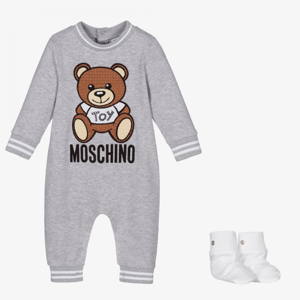 Moschino Малыши-Серый хлопковый комбинезон с медвежонком для малышей | Childrensalon Outlet