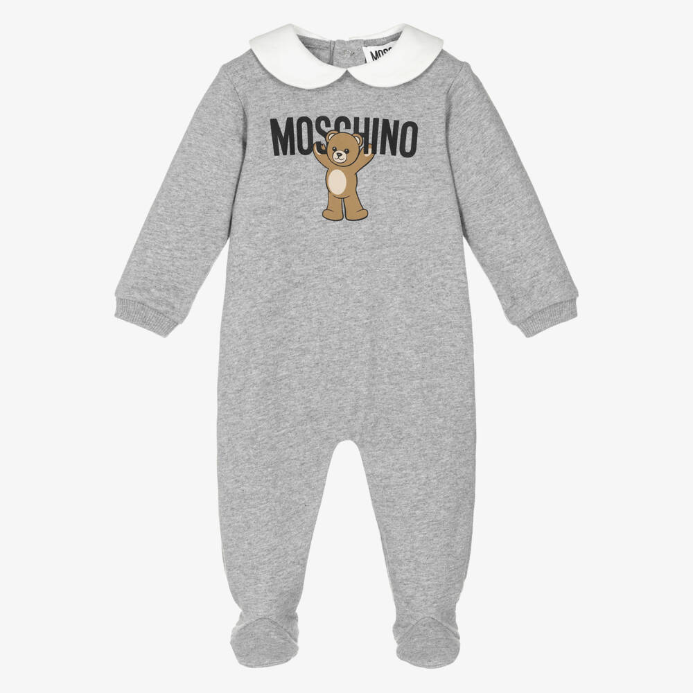Moschino-Grey Cotton Teddy Bear Logo Babygrow | Childrensalon Outlet