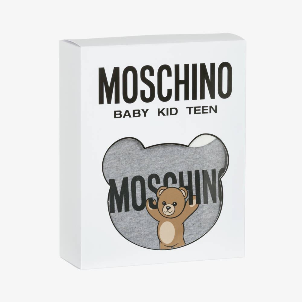 Moschino-Grey Cotton Teddy Bear Logo Babygrow | Childrensalon Outlet