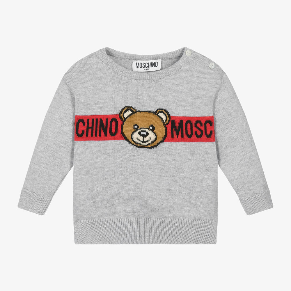 Grey Cotton Teddy Bear Logo Sweater