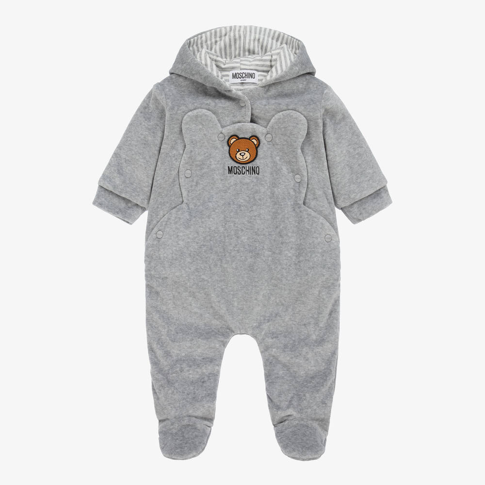 Moschino Baby - Grey Cotton Velour Teddy Baby Pramsuit | Childrensalon