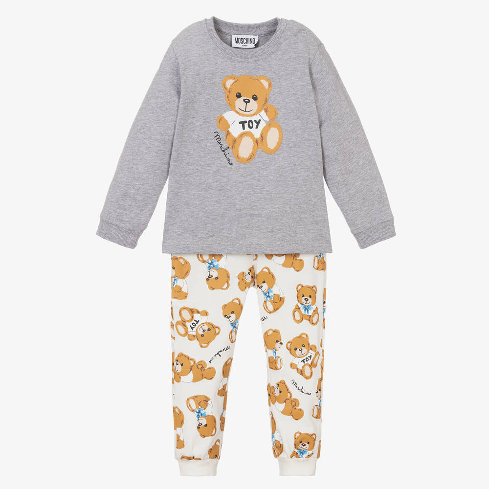 Moschino Baby-Grey & Ivory Cotton Teddy Logo Trouser Set | Childrensalon Outlet