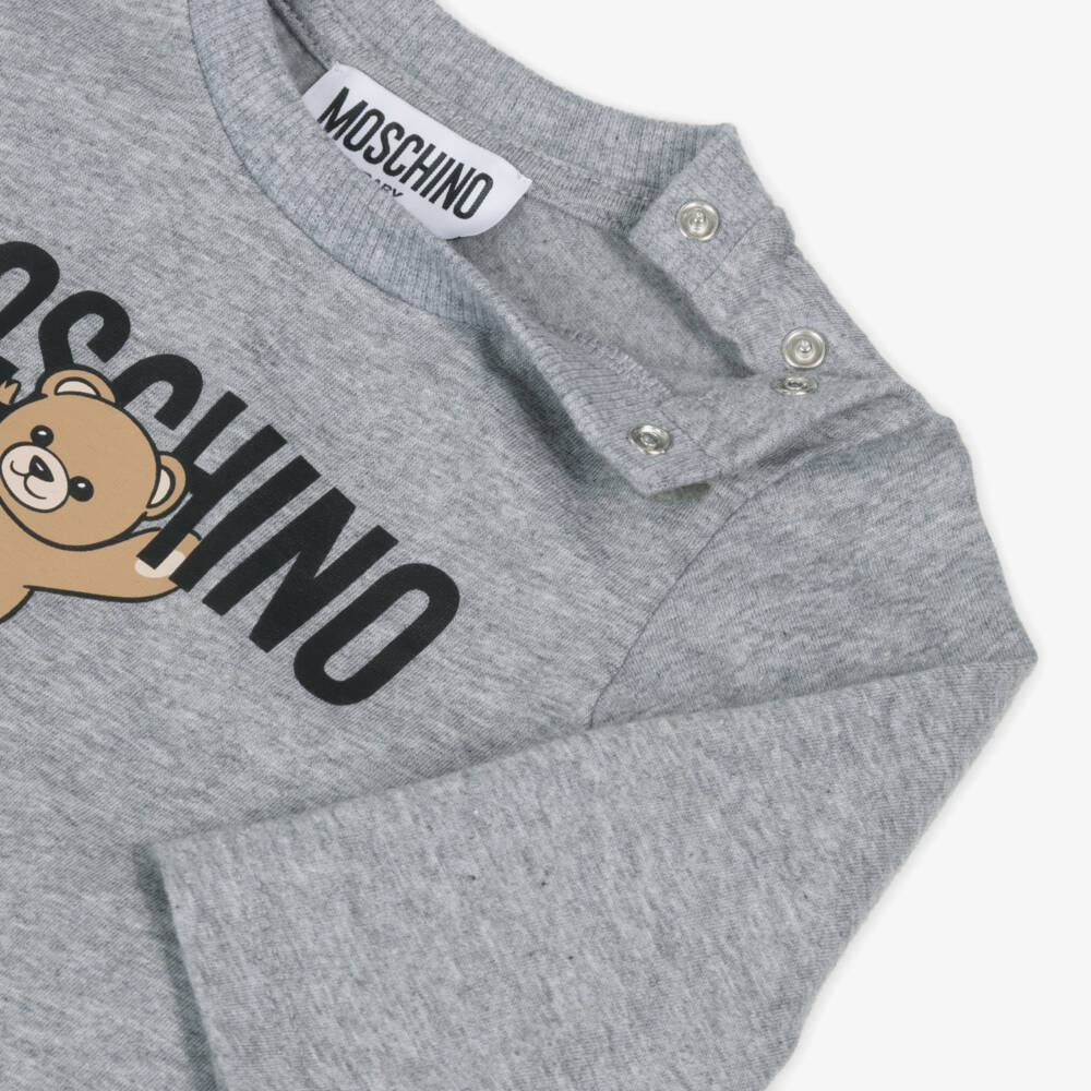 Moschino-Grey Marl Cotton Teddy Bear Logo Top | Childrensalon Outlet
