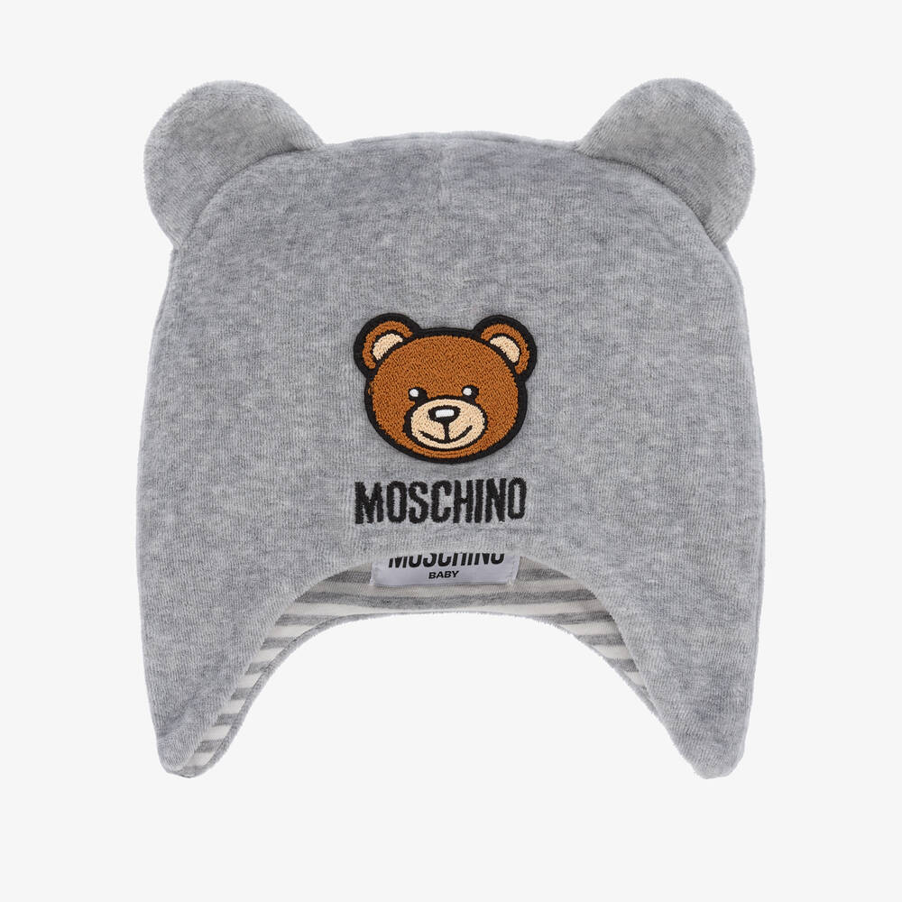 Moschino Baby - Grey Velour Logo Baby Hat | Childrensalon