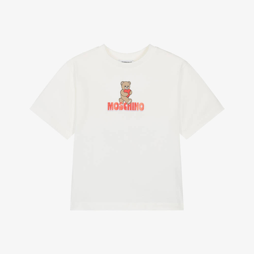Moschino-Кремовая футболка с медвежонком и сердцем для девочек | Childrensalon Outlet