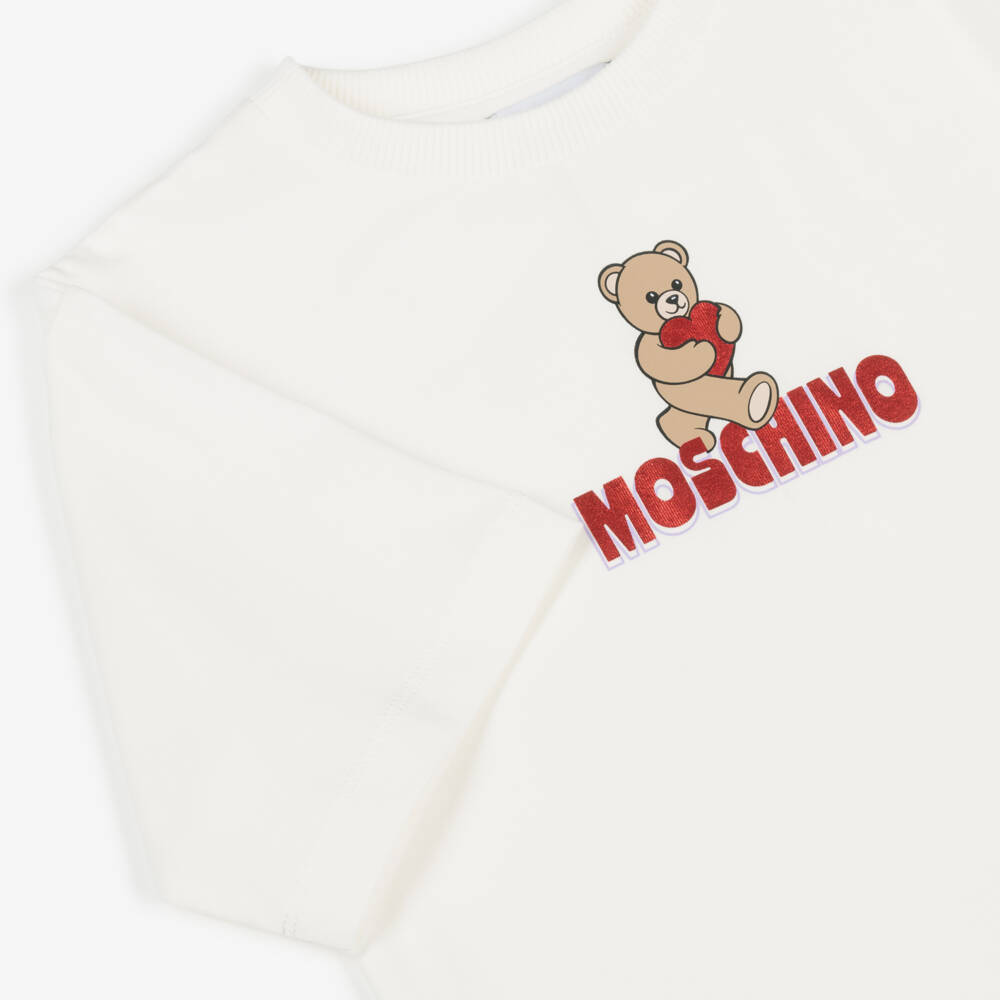 Moschino-Кремовая футболка с медвежонком и сердцем для девочек | Childrensalon Outlet