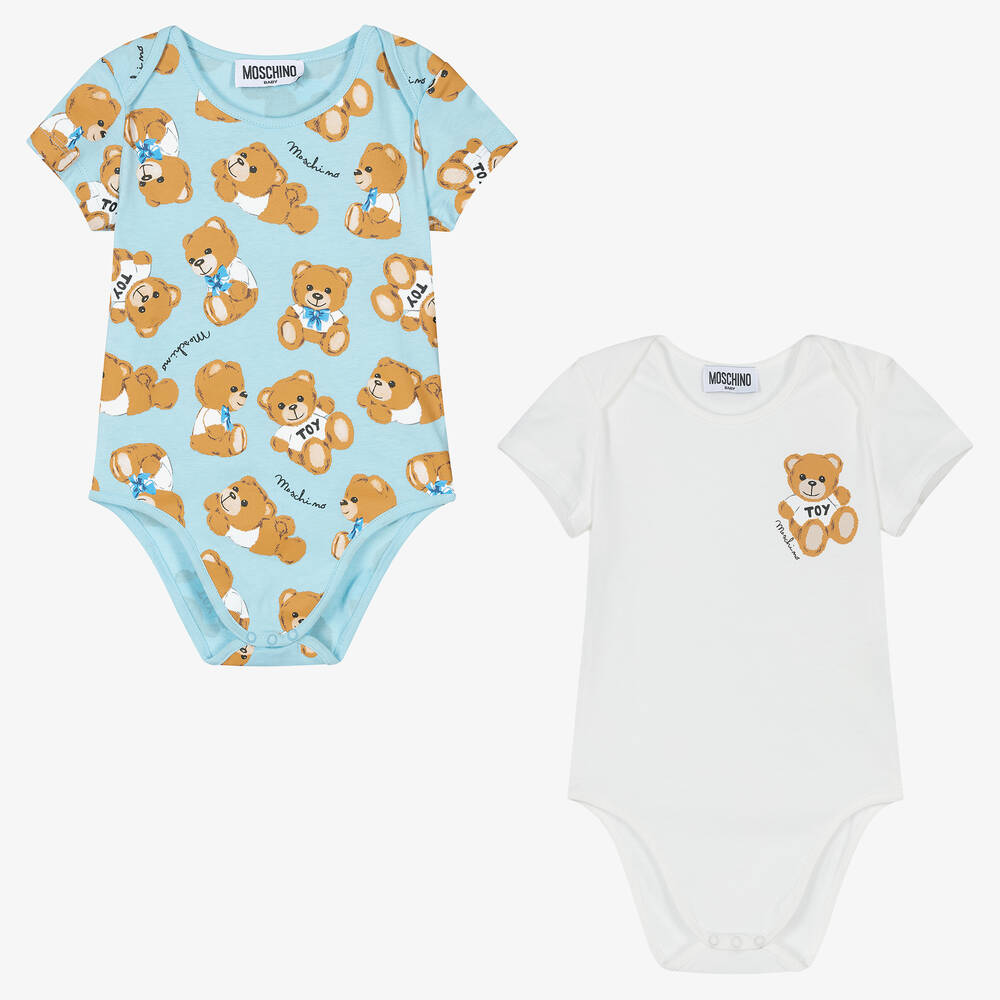 Moschino Baby - Ivory & Blue Cotton Bodyvests (2 Pack) | Childrensalon